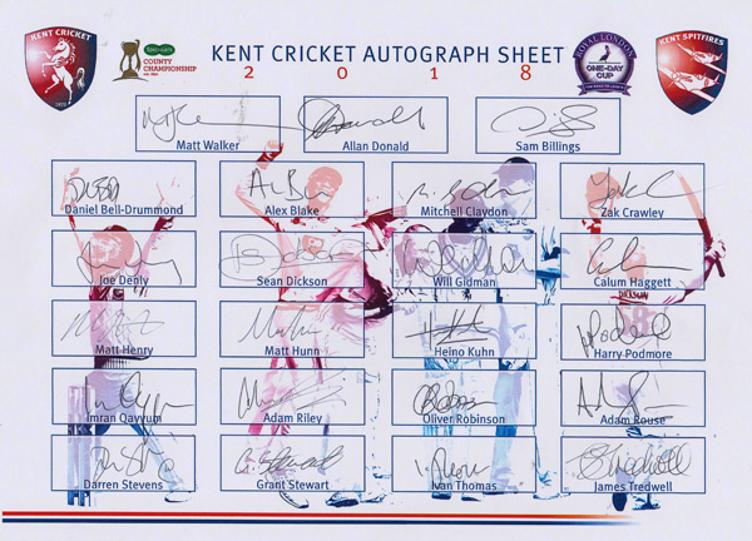 Kent-cricket-memorabilia-signed-2018-squad-players-team-sheet-sam-billings-adam-milne-matt-henry-joe-denly-matt-walker-allan-donald-heino-kuhn-kccc-spitfires-signature