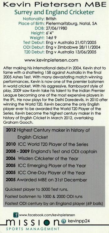 Kevin-Pietersen-signed-autographed England and Surrey cricket Adidas-promo-card memorabilia biography back 750