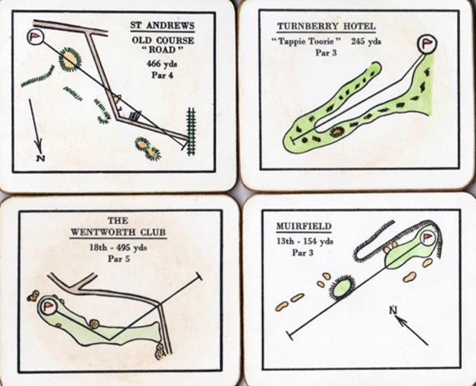 Lady-Clare-golf-course-coasters-melamine-st-andrews-old curse muirfield-wentworth-turnberry-hotel place mats-gift-box