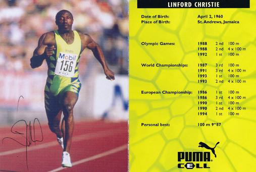 Linford Christie signed athletics PUMA promo card biography autograph memorabilia