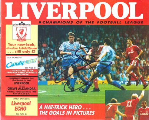 Liverpool-football-memorabilia-1990-rumbelows-cup-programme-crewe-alexandra-signed-anfield-review-autograph-peter-beardsley-cover-photo-lfc