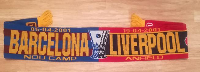 Liverpool-football-memorabilia-April-2001-UEFA-Champions-League-semi-final-Barcelona-home-away-1-0-Gary-McAllister-penalty-LFC-Anfield-Nou-Camp-soccer-scarf