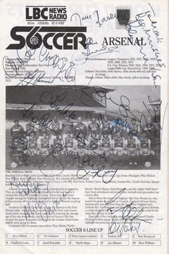 London-6-a-side-indoor-soccer-championships-programme-signed-Arsenal-FC-LBC-Wembley-Arena-Rix-Nicholas-Rocastle-Sansom-Anderson-football-memorabilia