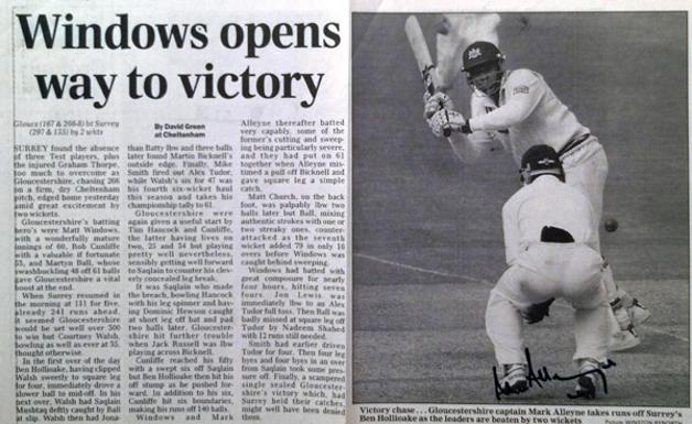 Mark-Alleyne-autograph-signed-Gloucestershire-Gloucs-CCC-cricket-memorabilia-1998-Times-newspaper-article-match-report-picture-batting-signature