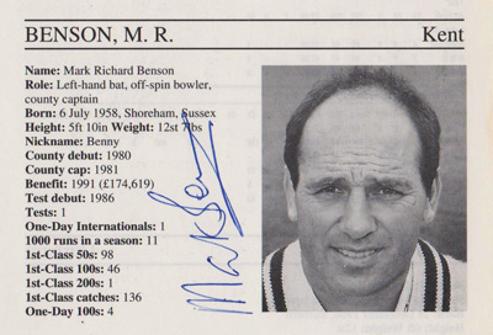 Mark-Benson-autograph-signed-kent-cricket-memorabilia-signature-captain-england-batsman-benno-1995-county-cricketers-whos-who