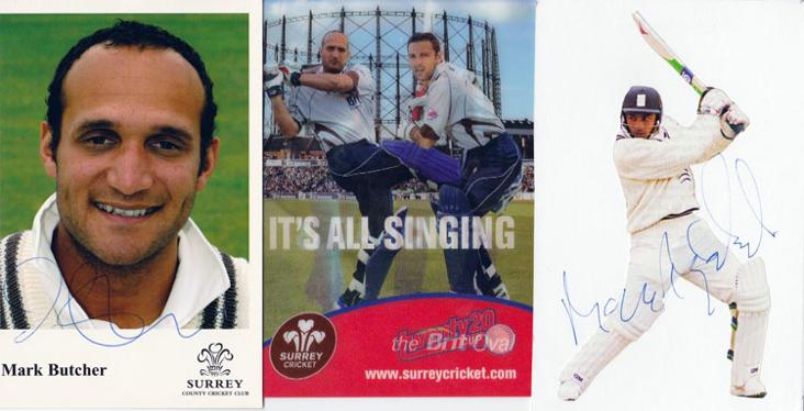 MARK BUTCHER & MARK RAMPRAKASH (Surrey Lions & England) Signed player postcards with Collectable 3D Surrey Cricket Brit Oval Twenty 20 flip card.