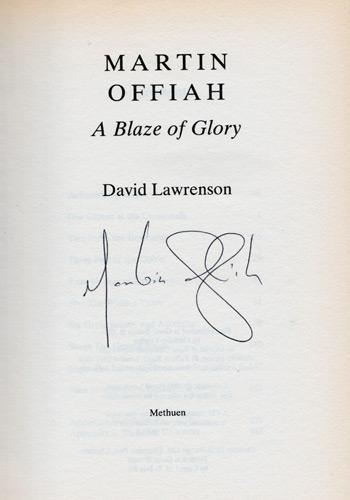 Martin-Offiah-memorabilia-Martin-Offiah-autograph-signed-biography-a-Blaze-of-Glory-David-Lawrenson-wigan-warriors-rugby-memorabilia-widnes-chariots-of-fire-1983-signature
