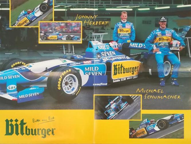 Michael-Schumacher-autograph-signed-formula-one-memorabilia-f1-johnny-herbert-benetton-racing-team-bitburger-beer-poster