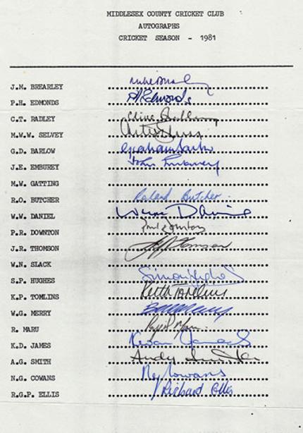 Middlesex-CCC-1981-signed-team-sheet-cricket-memorabilia