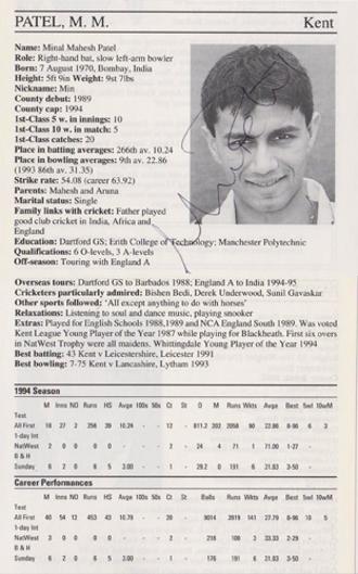 Min-Patel-autograph-signed-kent-cricket-memorabilia-signature-captain-england-spinner-minal-kccc-1995-county-cricketers-whos-who-coach