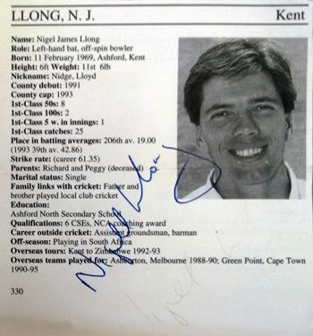 NIGEL LLONG memorabilia Kent cricket memorabilia signed Cricketers Whos Who player biopic autograph