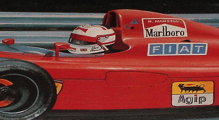 NIGEL-MANSELL-memorabilia-F1-memorabilia-Ferrari-memorabilia-Ivan-Berryman-signed-print-Hot-Stuff-Red-Five-motorsports