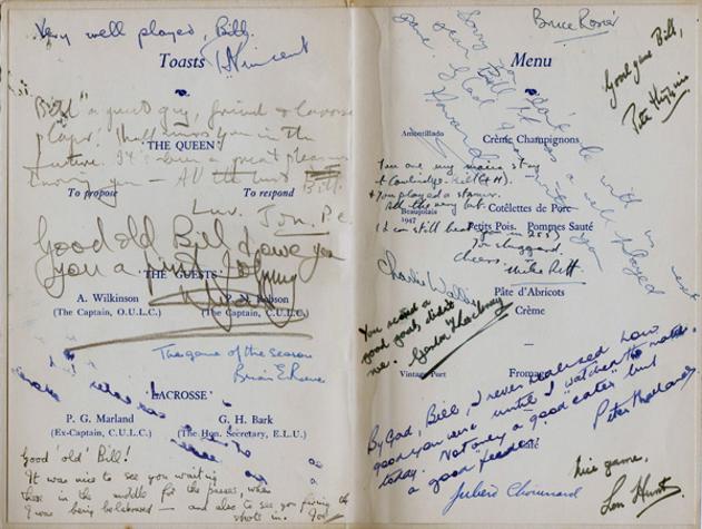 Oxford-v-Cambridge-University-Lacrosse-memorabilia-Dinner-Menu-1952-1953-Balliol-College-signed-player-autographs-oxbridge-blue-ribbons-varsity-W-Thorburn