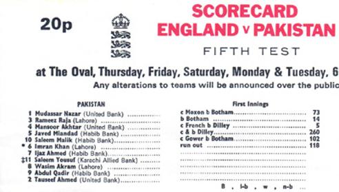 Pakistan-cricket-memorabilia-1987-series-England-The-Oval-Scorecard-August-Fifth-Test-match-Imran-Khan-Javed-Miandad-Double-Century-historic-victory