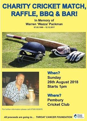 Pembury Cricket club charity match day warren packman memorial throat cancer foundation wazza