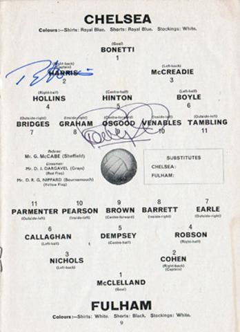 Peter-Osgood-autograph-signed-chelsea-football-memorabilia-ron-harris-signature-chopper-1966-programme-fulham-cfc-team-sheet-stamford-bridge