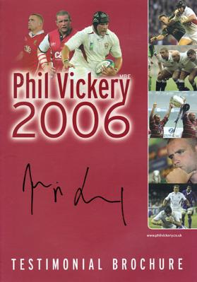 PHIL VICKERY memorabilia (Gloucester, Wasps, England, Lions) hand-signed 2006 Benefit brochure