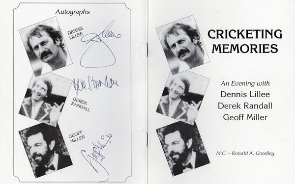Evening with Dennis Lillee, Derek Randall Geoff Miller signed cricket menu
