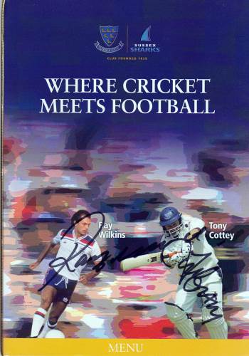 Ray Wilkins Chelsea Tony Cottey signed Where Football Meets Cricket Sussex CCC Menu