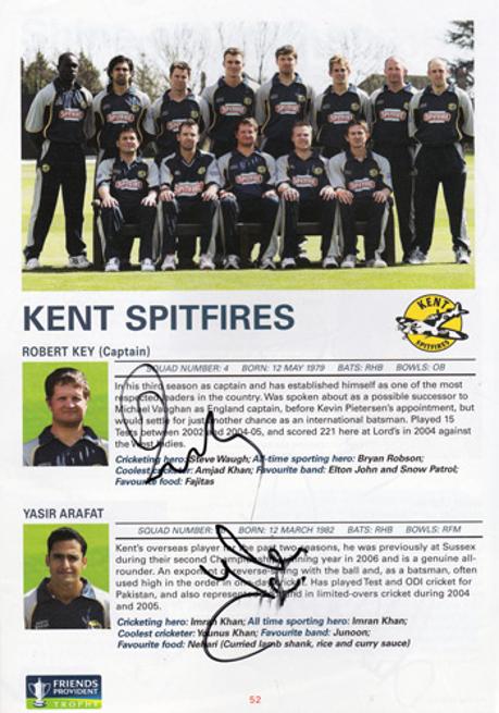 Rob-Key-memorabilia-Kent-cricket-memorabilia-autograph-signed-2008-Friends-Provident-Final-programme-memorabilia-Yasir-Arafat-memorabilia-KCCC-Spitfires-Essex