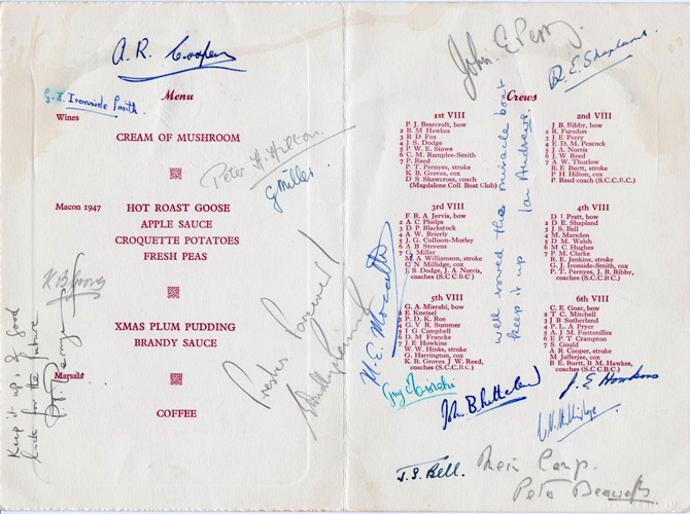 Rowing-memorabilia-St-Catharines-college-boat-club-signed-the-fairbairn-cup-dinner-menu-1950-Cambridge-River-Cam-fairbairns-rowers-oarsmen-eights-crews-signed-autograph