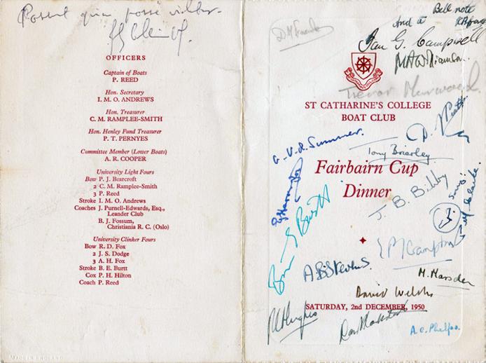 Rowing-memorabilia-St-Catharines-college-boat-club-signed-the-fairbairn-cup-dinner-menu-1950-fairbairns-Cambridge-River-Cam-rowers-oarsmen-eights-crews-signed-autograph