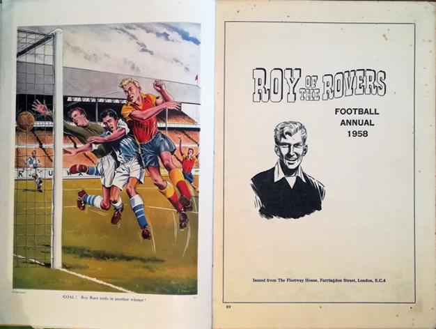 Roy-of-the-Rovers-football-memorabilia-1958-annual-roy-race-cover-art-soccer-comic-strip-collectables-fleetwood-editions-publishing