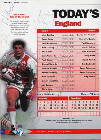 Rugby-League-world-cup-memorabilia-1995-programme-england-wales-semi-final-autograph-signed-Betts-Edwards-Farrell-Offiah-Jason-Robinson-Bentley-Newlove-Goulding-Radlinski