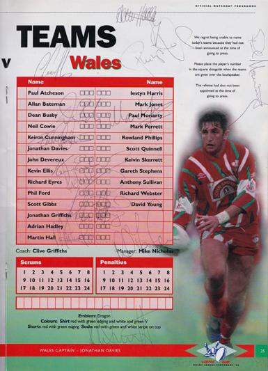 Rugby-League-world-cup-memorabilia-1995-programme-england-wales-semi-final-autograph-signed-Jonathan-Davies-Scott-Gibbs-Moriarty-Iestyn-Harris-Devereaux-Phil-Ford-Quinnell-Dai-Young