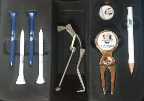 Ryder-cup-golf-memorabilia-pin-badge-europe-v-usa-2014-gleneagles-golf-course-logo-tees-pencils-ball-marker-pitch-mark-repairer