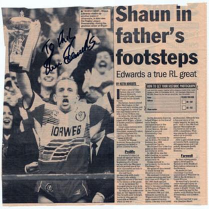 SHAUN EDWARDS signed Rugby League newspaper article Wigan Wasps Great Britain rugby memorabilia