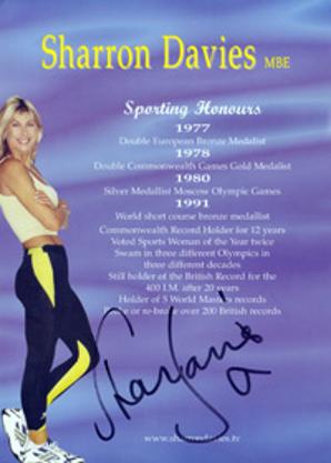 SHARON DAVIES (1980 Olympic silver medal) hand-signed promo card swimming memorabilia Amazon Gladiators 