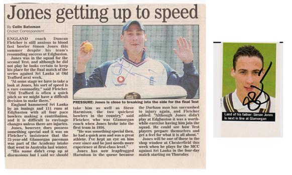 Simon-Jones-autograph-signed-Glamorgan-cricket-memorabilia-England-test-match-fast-bowler-newspaper-article-portrait-pic