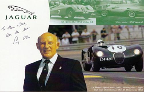 Sir Stirling Moss memorabilia signed Jaguar motor racing photo