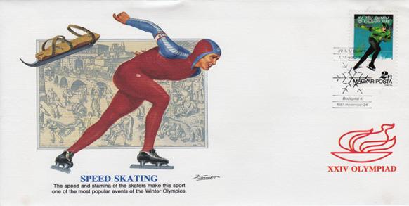 Speed-Skating-Winter-Olympics-Hungary-First-Day-Cover-FDC-Calgary-1988-XXIV-Olympiad-Breugel-Olympic-Memorabilia