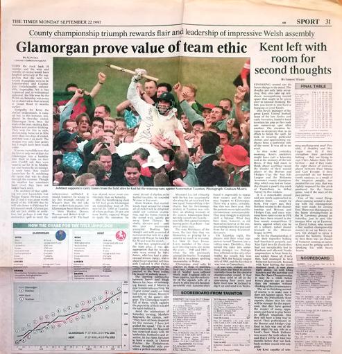 Steve-James-autograph-signed-1997-County-Champions-times-newspaper-article-glamorgan-cricket-memorabilia-wales-cardiff-sofia-gardens-dragons