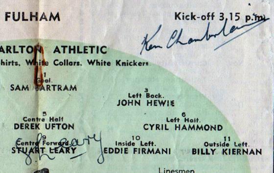 Stuart-Leary-autograph-Charlton-Athletic-football-memorabilia-signed-programme-1953-v-Fulham-portrait-picture-signature-KCCC-Kent-Cricket-ken-chamberlain