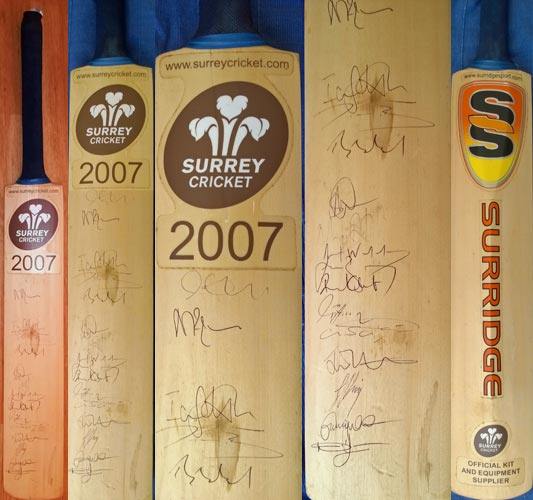 Surrey-cricket-memorabilia-signed-2007-bat-SCCC-lions-brown-caps-kia-oval-official-surridge-autograph-players-squad-team-eleven-champions-full-size
