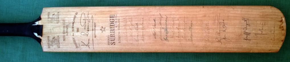 Ken Barrington 'Stuart Surridge' bat signed on front by players from the 1964 Ashes series memorabilia