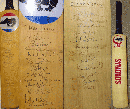 1988-Kent-cricket-team-signed-cricket-bat-KCCC-Essex-CCC-Symonds-Cowdrey-Tavare-Taylor-Igglesden-Ellison-Benson-autograph
