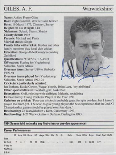 ASHLEY-GILES-autograph-signed-Warks-cricket-memorabilia-king-of-spin-England-test-match-spinner-selector-wccc-playfair-whos-who-biography-career
