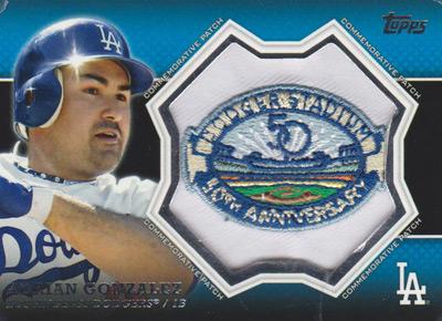 Adrian-Gonzalez-memorabilia-Los-Angeles-Dodgers-MLB-LA-50th-anniversary-dodger-stadium-chavez-ravine-1b-cloth-topps-commemorative-patch-card-2013