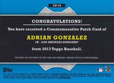 Adrian-Gonzalez-memorabilia-Los-Angeles-Dodgers-MLB-LA-50th-anniversary-dodger-stadium-chavez-ravine-1b-cloth-topps-commemorative-patch-card-2013