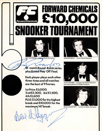 Alex Higgins Hurricane Ray Reardon signed snooker programme Hurricane autograph memorabilia