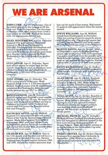 ARSENAL FC  signed 1988 FA Cup 4th Round programme v BHAFC player bio page with 14 autographs inc: Graham Rix, Kenny Sansom, John Lukic, Niall Quinn, Nigel Winterburn, Gus Caesar, Tony Adams, David Rocastle, Steve Williams, Martin Hayes, Kevin Richardson, Alan Smith, Michael Thomas & Perry Groves