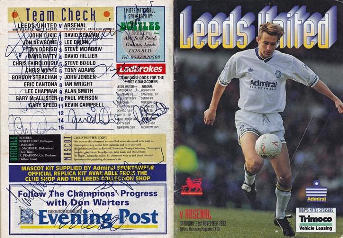 Arsenal-football-memorabilia-squad-signed-1992-match-day-programme-Leeds-Utd-Ian-Wright-autograph-Seaman-Anders-Limpar-Adams-Dixon-Jensen-AFC