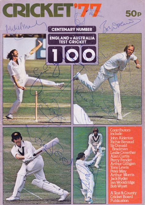 Ashes-memorabilia-England-v-Australia-1977-Centenary-test-match-programme-signed-cricket-memorabilia-Tony-Greig-Mike-Brearley-Geoff-Boycott-Bob-Woolmer-Derek-Randall