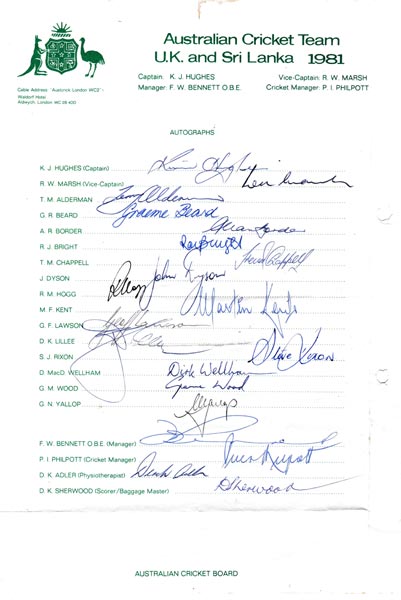 Australia-cricket-memorabilia-1981-test-match-series-sri-lanka-signed-team-sheet-autographs-signatures