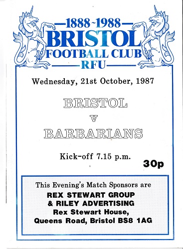 Barbarians rugby union memorabilia 1888 1988 bristol centenary programme oct 1987 andy ripley autograph thorburn rees carling jones baa baas