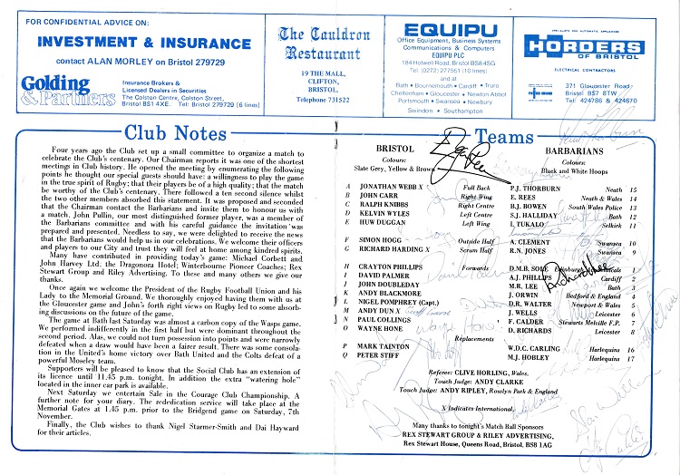 Barbarians rugby union memorabilia 1888 1988 centenary programme bristol oct 1987 andy ripley autograph thorburn rees carling jones baa baas